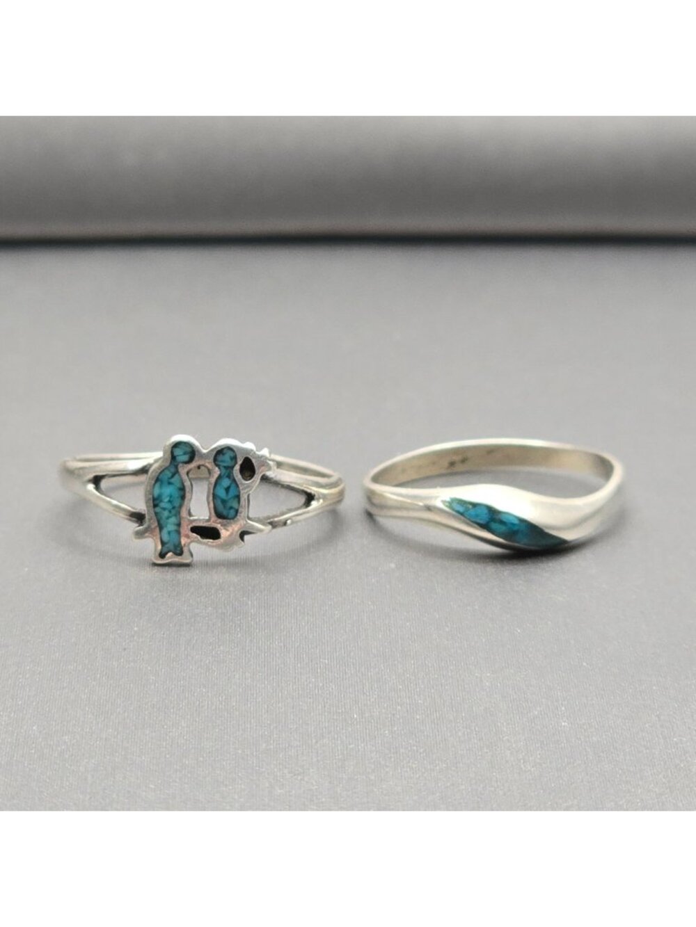 Vintage Sterling Silver Turquoise Chip Inlay Ring Set Birds & Wave Sizes 5 & 5.5